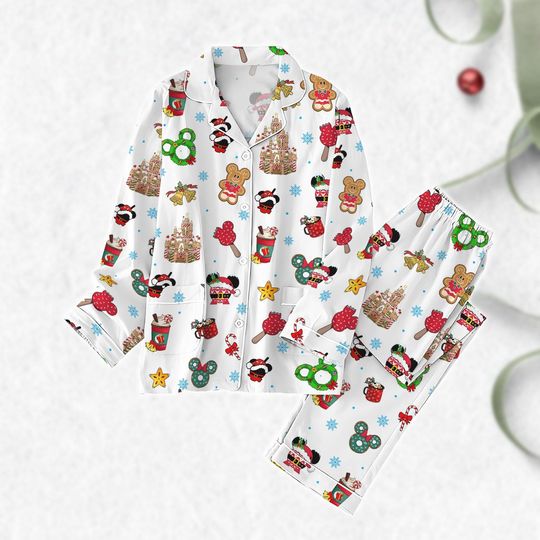 Disney Christmas Pajama Set for Women, Mickey Santa Hat, Gingerbread Holiday Pjs, Disneyland Winter Sleepwear