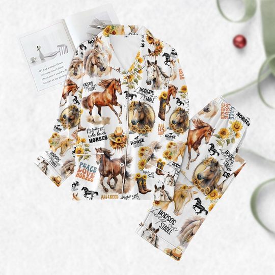 Horse Pajama Set for Women, Western Country Animal Lover Pajamas, Matching Sleepwear for Adults