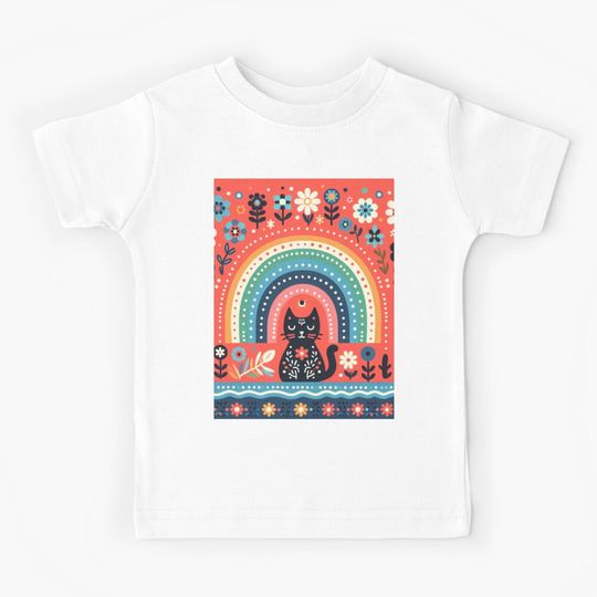 Discover Scandinavian Folk Art Black Cat – Coral Glow, Rainbow Calm, and Floral Magic by heidiannemorris Kids T-Shirt