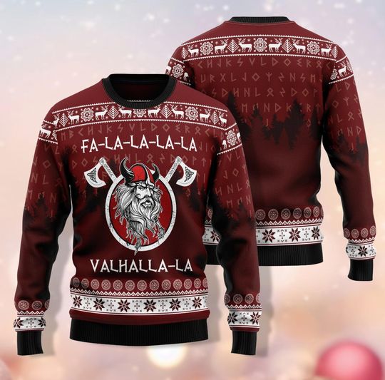 Valhalla Viking Christmas Ugly Sweater, Valhalla La La La Shirt, Viking Dad Sweater, Funny Men Xmas Sweater