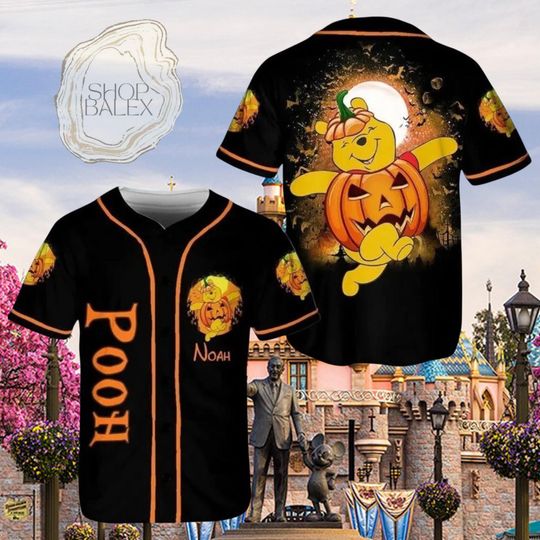 Discover Pooh Halloween Baseball Jersey, Custom Name Disney Halloween Shirt, Pumpkin Winnie Jersey, Spooky Season Disney Family Outfit
