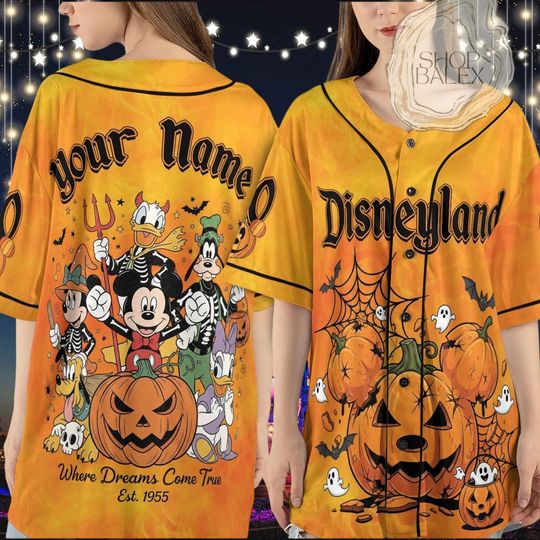 Discover Disneyland Halloween Jersey Shirt, Mickey and Friends Baseball Jersey,Custom Name Pumpkin Ghost Shirt, Disneyland Where Dreams Come True Top