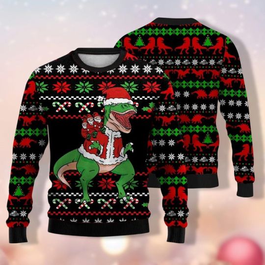 Christmas Santa Dinosaur Ugly Sweater, Santa Claus Christmas Sweater, Christmas Animals Sweater, Holiday Xmas Sweater