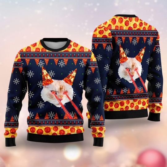 Discover Christmas Pizza Cat 3D Ugly Sweater with Laser Eyes, Funny Meme Cat Sweater for Men and WomenPizza Cat With Laser Eyes Ugly Christmas Sweater, Funny Cat Ugly Sweater, Cat Laser Sweater, Meme Cat Sweater For Men Woman