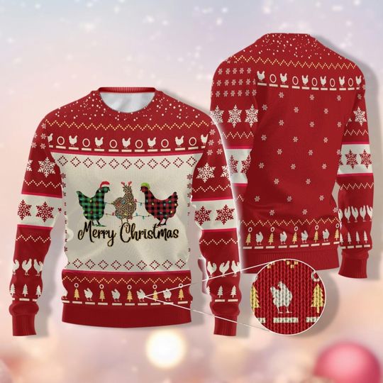 Christmas Chickens Sweater, Christmas Farm Animals Sweater, Womens Christmas Chicken Sweater, Holiday Ugly Sweater