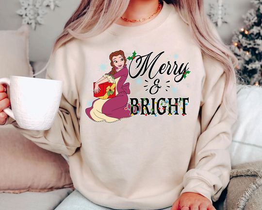 Discover Retro Belle Beauty and the Beast Christmas Sweatshirt | Vintage Disney Princess Merry & Bright Tee | Family Holiday Outfit