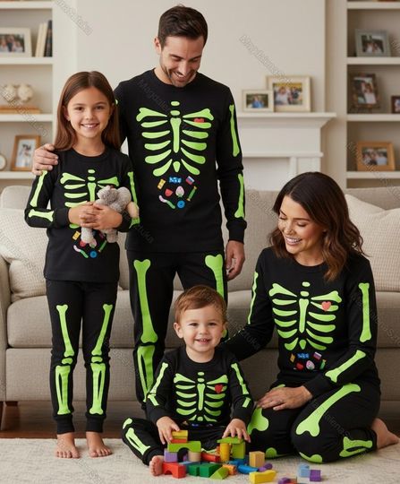 Family Skeleton Halloween Pajamas, Glow in the Dark Matching PJs, Spooky Candy Print Sleepwear for Kids and Adults