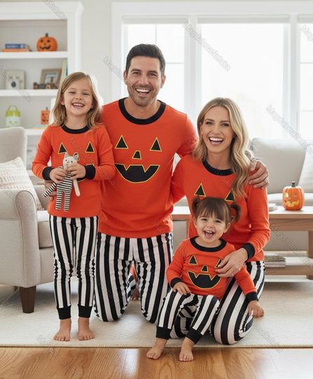 Family Halloween Pajamas Set, Matching Pumpkin Face Pjs, Striped Pants Fall Sleepwear for Parents and Kids