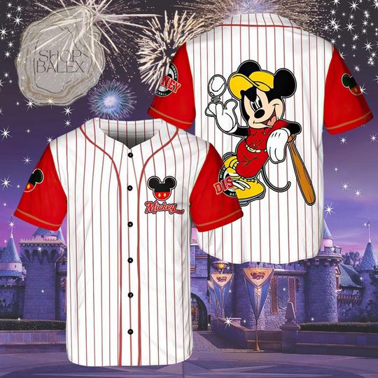 Discover Custom Disney Mickey Baseball Jersey, Red Stripe Mickey Mouse Jersey Shirt