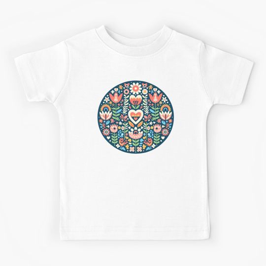 Discover Flower Circle: Deep Blue Heart Bloom - Scandinavian Folk Art by heidiannemorris © Kids T-Shirt