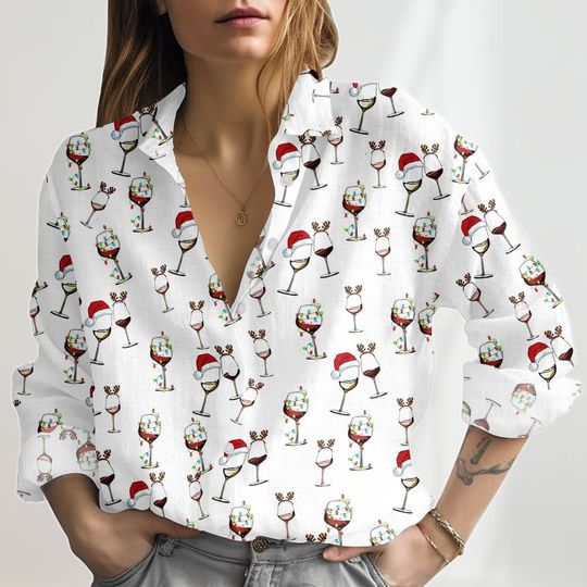 Discover Wine Glass Christmas Lighting Linen-Look Shirt, Wine Red Blouse Shirt, Santa Hat Reindeer Women Shirt, Xmas Party Button Shirt For Her