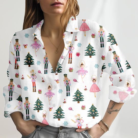 Christmas Nutcracker Linen-Look Shirt, Christmas Tree Blouse Shirt, Nutcracker Ballet Women Shirt, Merry Christmas Button Shirt For Her