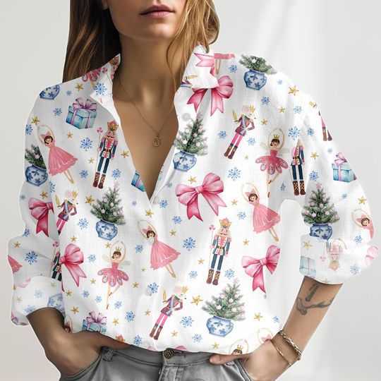 Nutcracker Christmas Linen-Look Shirt, Christmas Tree Women Shirt, Nutcracker Ballet Casual Shirt, Merry Christmas Button Shirt