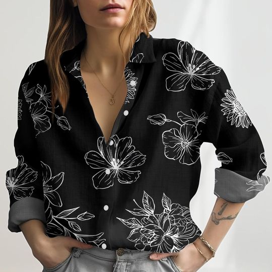 Retro Flower Linen-Look Shirt, Botanical Summer Clothes Women, Nature Fashion Outfit, Floral Casual Shirt, Gift For Her