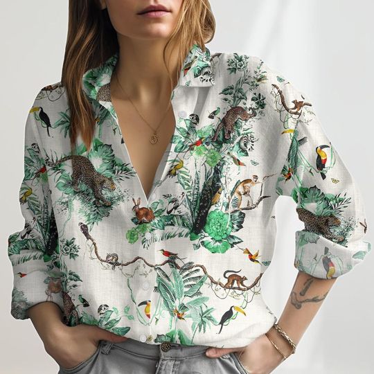 Discover Green Jungle Animal Linen-Look Shirt, Leopard and Toucan Women Blouse, Tropical Forest Summer Top, Casual Shirt Gift For Her