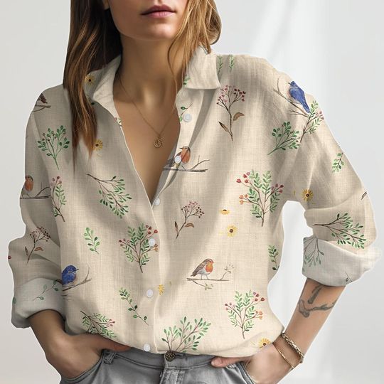 Bird and Flower Linen-Look Shirt, Vintage Garden Blouse Shirt, Nature Casual Top for Women, Plant Lover Gift