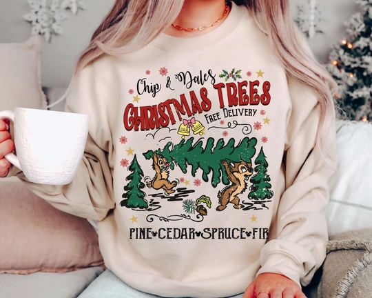Discover Chip and Dale Christmas Shirt | Retro Vintage Disney Trees Free Delivery Tee 2025 | Funny Holiday Disney World Trip Shirt