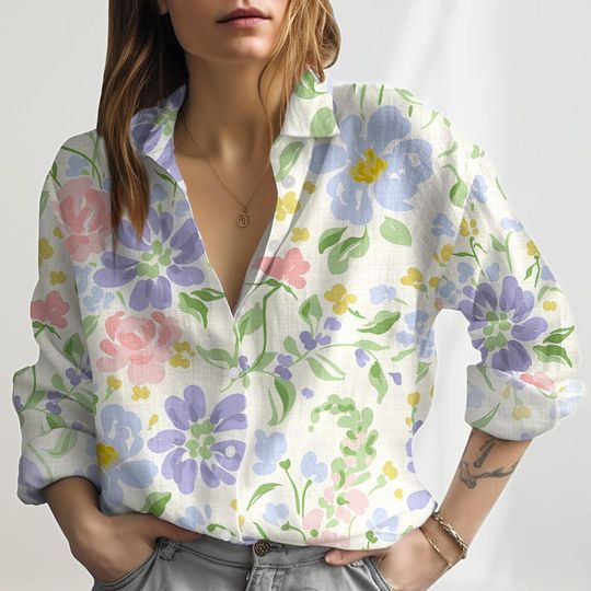 Floral Linen-Look Shirt, Vintage Cottagecore Blouse Shirt, Casual Nature Shirt for Women, Summer Gift For Mom
