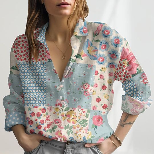 Vintage Floral Linen-Look Shirt, Retro Wildflower Blouse Shirt, Cottagecore Womens Summer Top, Nature Lover Gift for Vacation