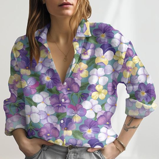 Floral Flower Linen-Look Shirt, Cottagecore Summer Floral Shirt for Women, Cottagecore Gardening, Nature Gift For Her