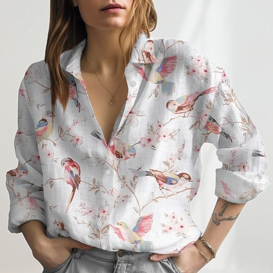 Discover Floral Bird Pattern Linen-Look Shirt, Botanical Summer Blouse for Women, Gift for Her, Button Women Shirt