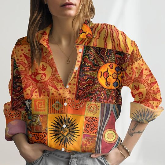Folk Art Linen-Look Shirt, Vintage Hippie Linen-Look Blouse, Psychedelic Cottagecore Top For Women, Retro Button Down Shirt For Summer