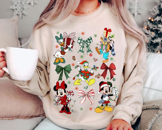 Discover Mickey and Friends Christmas Sweatshirt | Retro Disney Coquette Bows Holiday Tee 2025 | Vintage Minnie Donald Goofy Top | Family Matching Gift