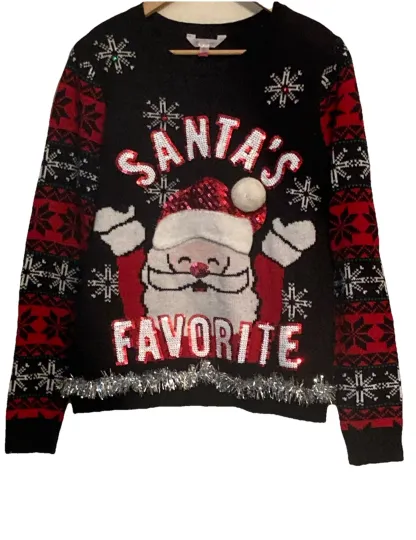Discover Christmas Ugly Sweaters Women Sequin Santa Graphic Letter Print Long Sleeve| Lg