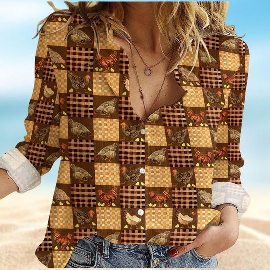 Chickens Plaid Pattern Blouse Shirt, Chicken Farm Shirt, Funny Animals Casual Shirt, Vintage Blouse Women Shirt