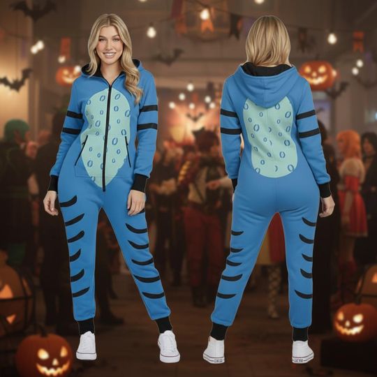 Blue Tiger Costume Hoodie Jumpsuit, Derpy Tiger Cosplay Outfit for Fans, Cozy Animal Onesie Pajamas, Halloween Gift