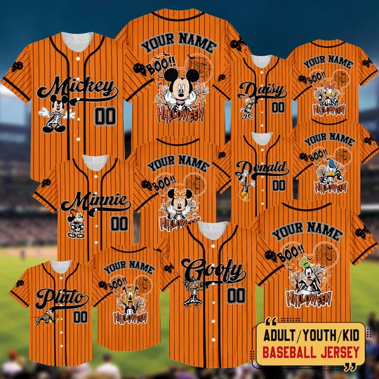 Discover Personalized Disney Mickey Halloween Cosplay Baseball Team Jersey, Halloween Family Shirt, Custom Mickey & Friends Baseball Team Jersey