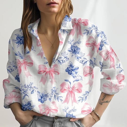 Discover Flowers Coquette Bows Linen-Look Shirt, Botanical Blouses Women, Flower Button Shirt, Nature Love Casual Shirt, Vintage Garden Love Tee