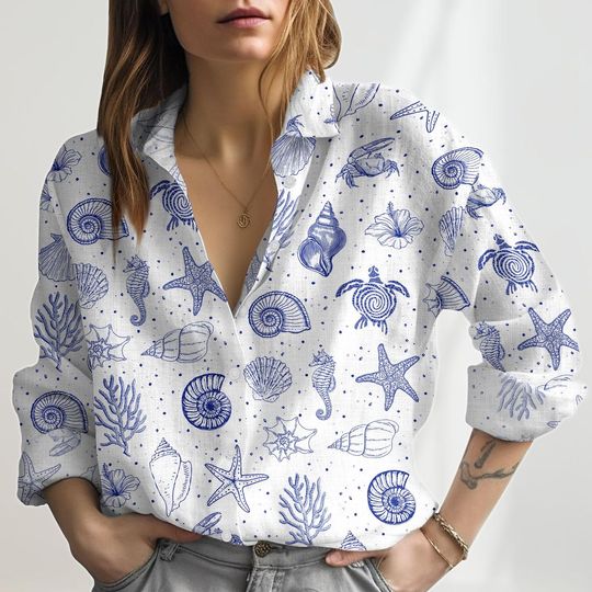 Discover Seashell Collector Blouse Shirt, Seahorse Casual Shirt, Sea Life Blouses Tops Women, Ocean Nature Linen Women Tee, Summer Beach Love Tee