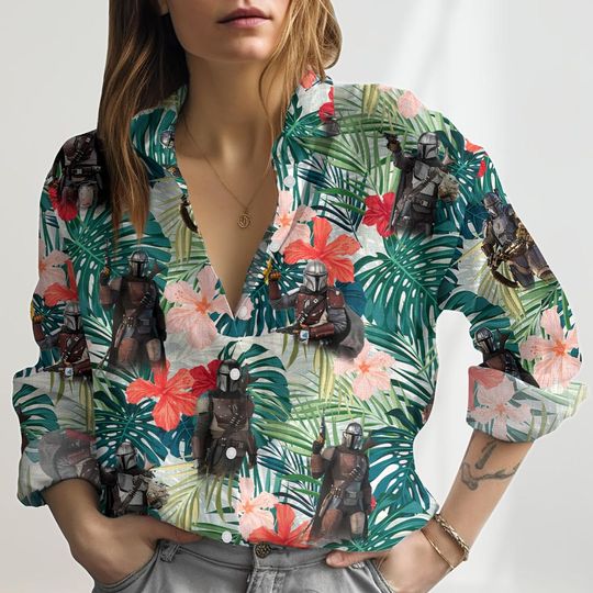 The Mandalorian Look-Linen Shirt, Dadalorian Casual Shirt, Baby Grogu Beach Shirt, Summer Blouses Tops, Tropical Pattern Aloha Shirt