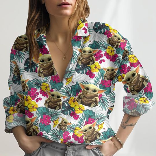 Discover Baby Yoda Blouses Shirt, Disney Star Wars Casual Shirt, Tropical Shirt Women, Yoda Grogu Vacation Shirt, Disneyland Button Up Shirt