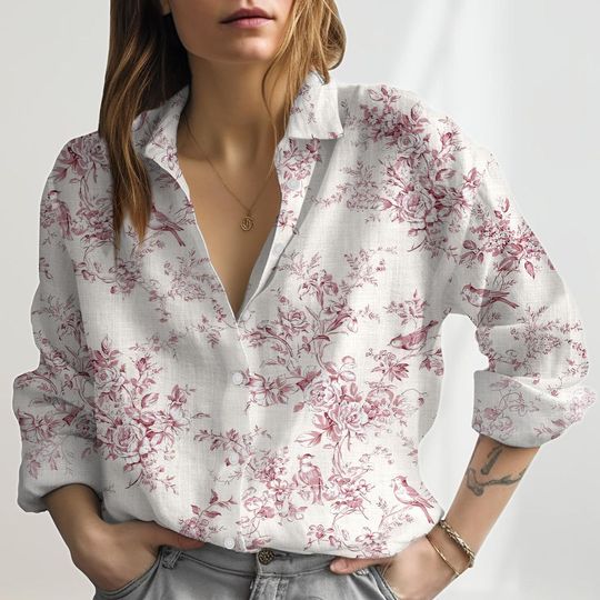 Discover Cottagecore Floral Linen-Look Shirt, Vintage Garden Linen Blouse Tops, Retro Casual Shirt for Women, Summer Blouse, Nature Gift For Her