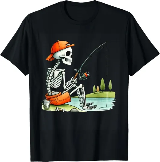 Discover Skeleton Fishing Halloween T-Shirt for Boys and Kids Unisex