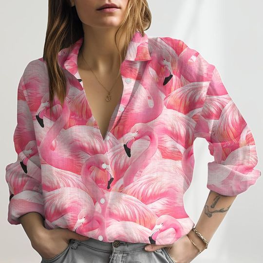 Discover Flamingo Look-Linen Shirt, Pink Birds Blouses Tops, Flamingo Casual Shirt For Women, Beach Trip Button Down Shirt, Summer Clothes