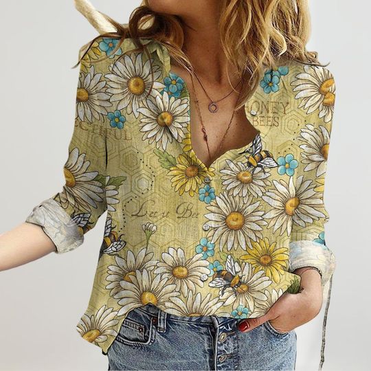 Discover Vintage Sunflower And Bee Blouse Shirt, Floral Boho Blouses Tops Women, Garden Love Casual Shirt, Botanical Blouse Women Tee, Mom Gifts