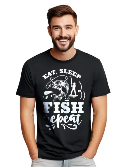 Discover Eat Sleep Fish Repeat Unisex T-Shirt - Funny Fishing Enthusiasts Shirt
