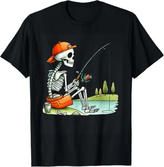 Discover Skeleton Fishing Halloween T-Shirt for Kids Boys