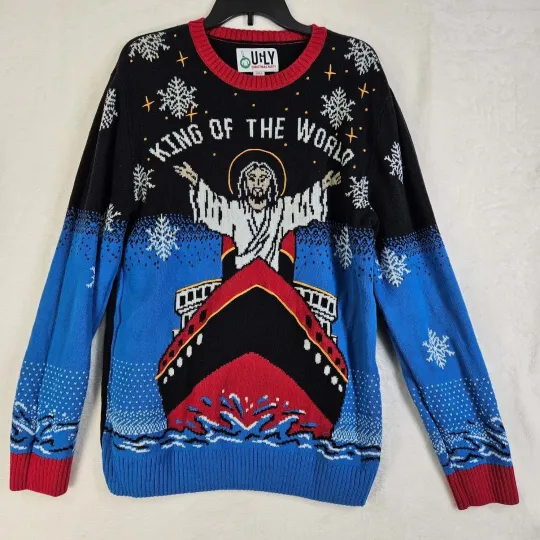 Ugly Christmas Party Jesus Titanic Sweater Womens X-Large Long Sleeve Multicolor