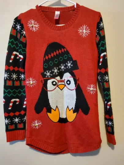 No Boundaries Ugly Christmas Penguin  Sequin Lightup Sweater S 3-5 Glasses Bells