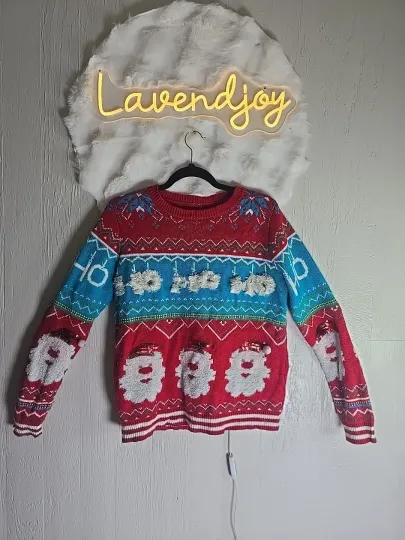 Discover Ugly Christmas Sweater Santa Red Ho Tinsel Sequins Poms Womens Size L ( 12 / 14
