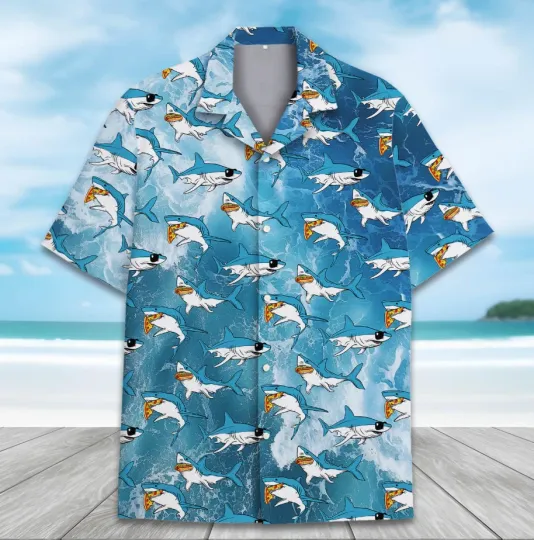 Shark Hawaiian Shirt for Men Women , Funny Shark and Pizza Shirt
