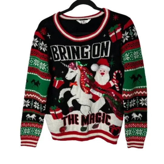 No Boundaries Sweater Womens XL (15-17) Santa Christmas Unicorn Ugly Knit READ