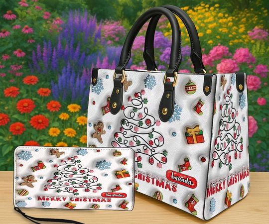 Discover Personalized Merry Christmas Christmas Tree Light Handbag & Wallet, Custom Holiday Purse with Tree Gingerbread and Gifts, Festive Winter Bag