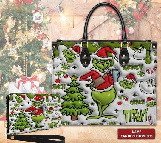 Discover Personalized Merry Grin Leather Handbag, Gift For Women, Custom Christmas Gift For Her, Green Monster, Grin Christmas, Custom Gift