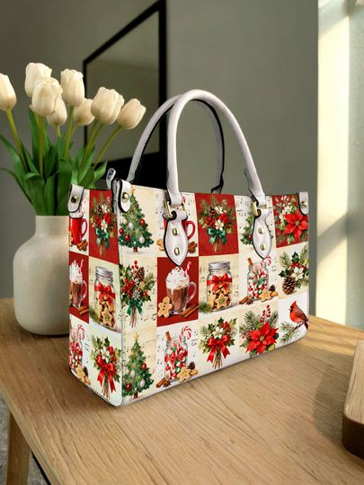 Discover Christmas Santa Claus Personalized Leather Handbag, Christmas Santa Claus Woman Shoulder Bag, Vintage Crossbody Bag, Top Handle Bag