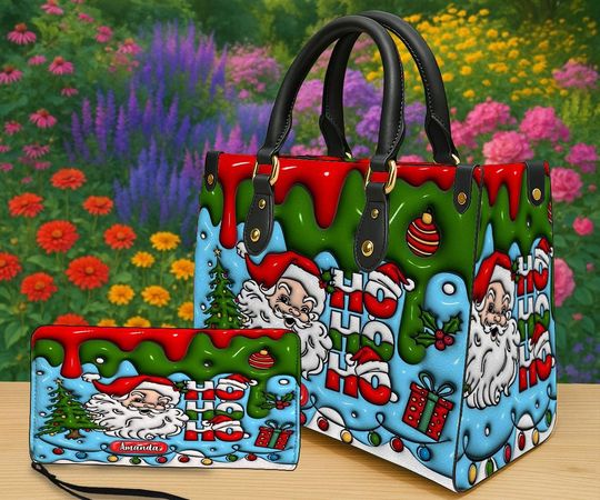 Discover Personalized Santa Claus Handbag & Wallet, Custom Christmas Purse with Ho Ho Ho Tree Lights and Gifts, Holiday Bag for Women, Christmas Gift